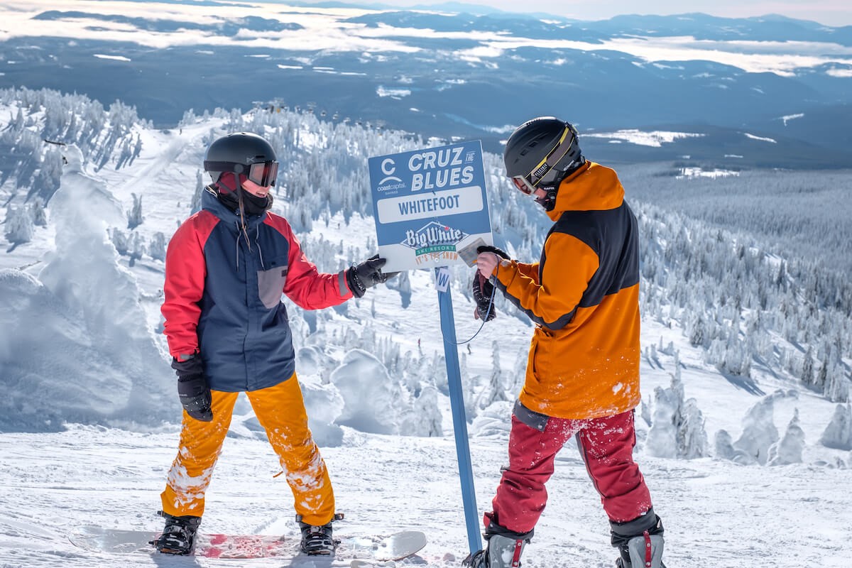Pair of snowboarders point to Cruz the Blues sign at Big White