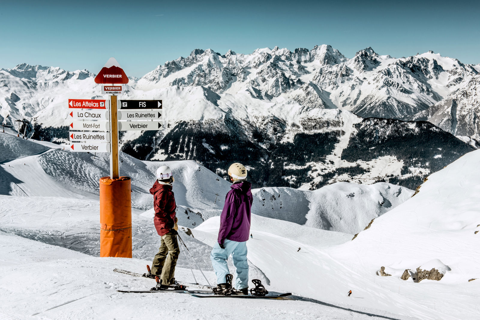 Verbier Switzerland skiers top with vista