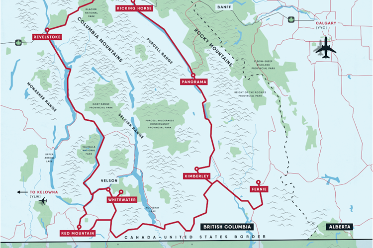 Map of the Powder Highway Ski Resorts