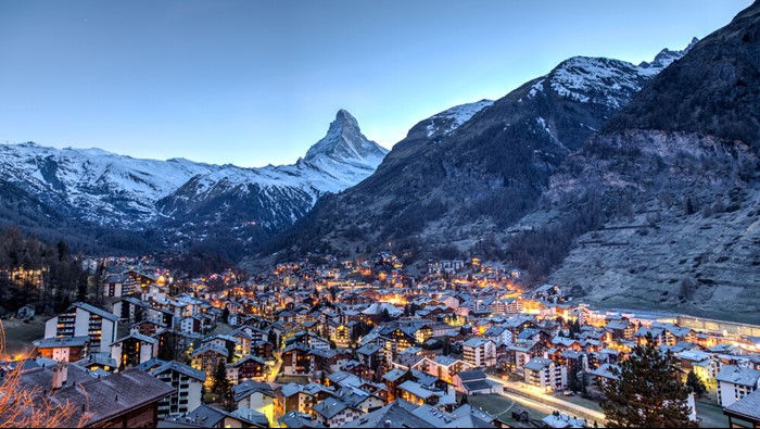 Ski village of Zermatt in Switzerland with the Matterhorn in the background