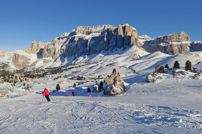 View of skiing in the Italian Dolomites during the winter