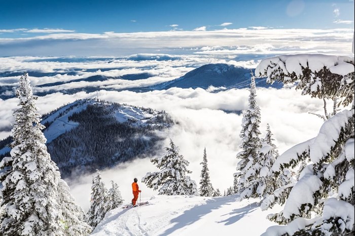 Skier looks down on terrain from Red Mountain