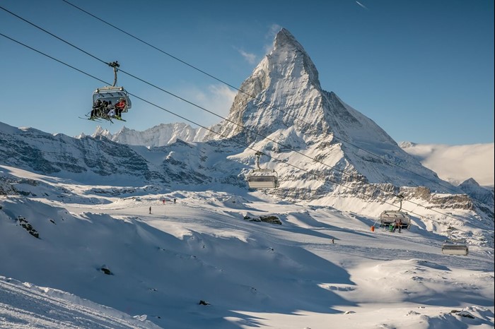 Ski lift with the Matterhorn in background at Zermatt & Cervinia