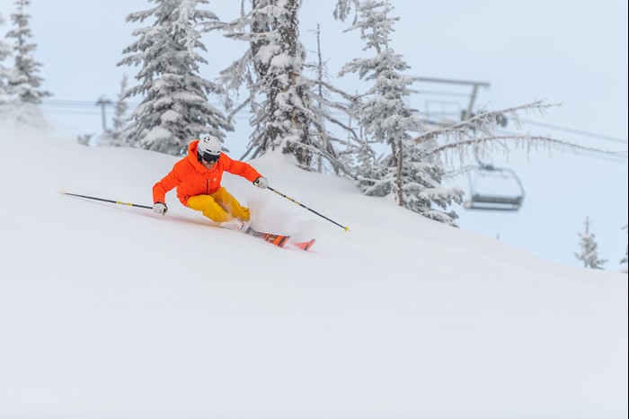 Skiing first tracks at Big White