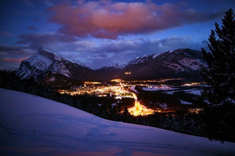 A photo of the Banff Village at night, taken from the Mt. Norquay Lookout.