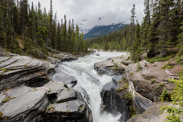 A river running down rocks in Jasper