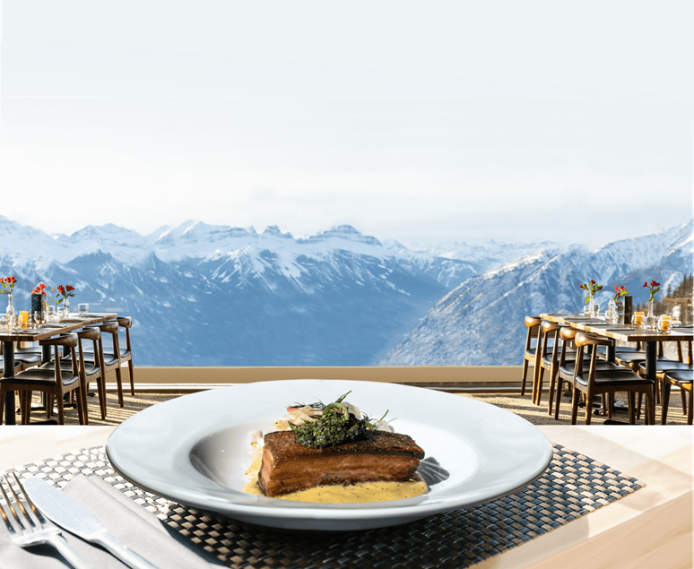 A plate of salmon in a dining room with large windows that looks like you're eating at the top of a mountain