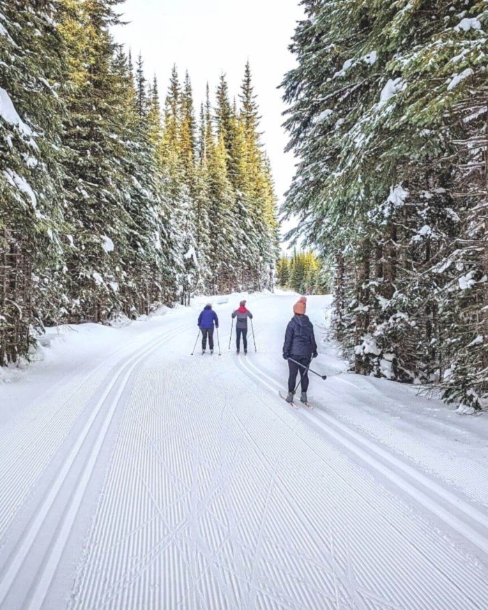 Group of three people Nordic skiing at Sun Peaks