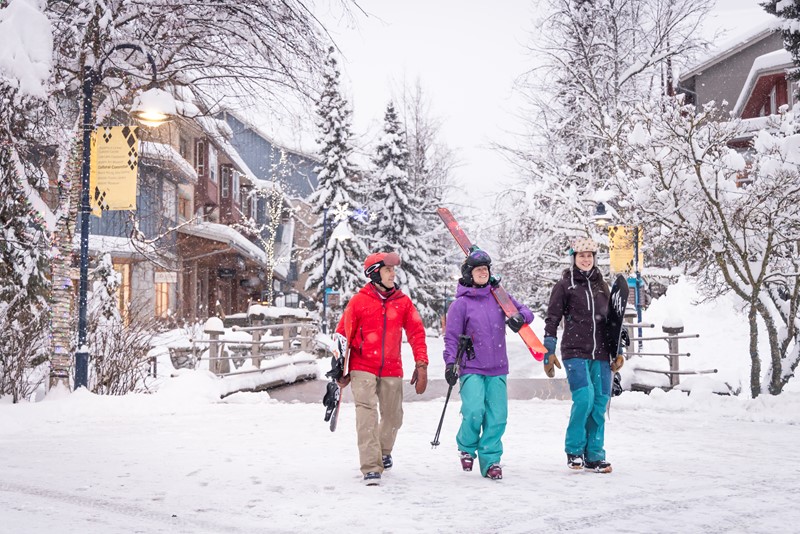 A photo of a girl wearing a grey hat and purple snow. She has her hands open and she is looking up at the snow falling in Whistler.